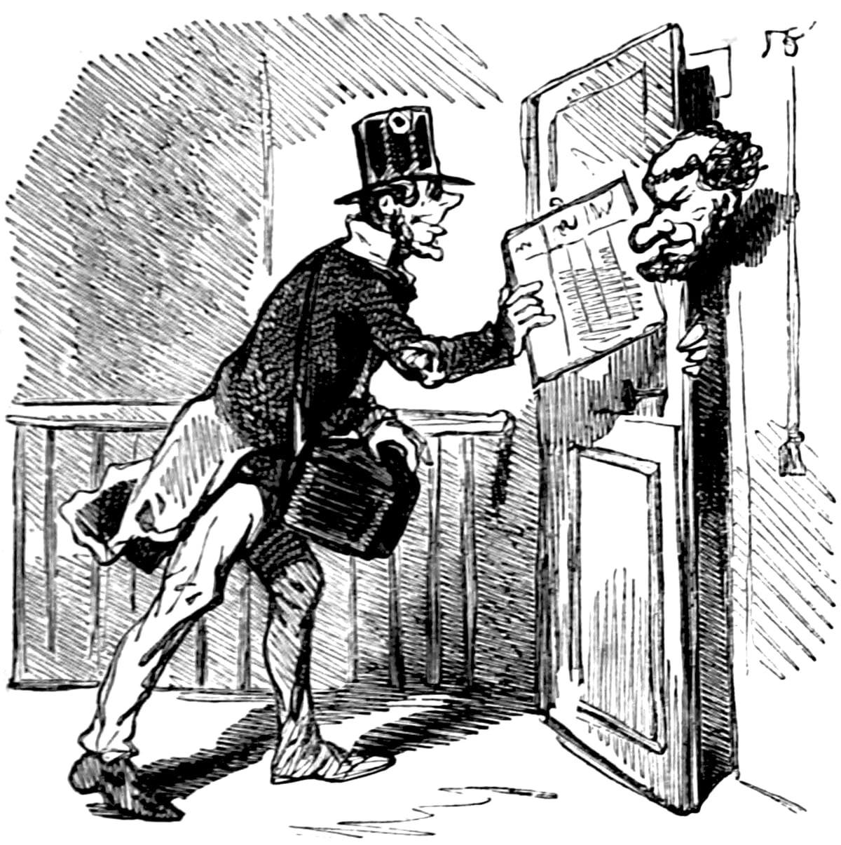 Le facteur flattant les goûts rétrospectifs de M. Taschereau — planche de Cham (1851)