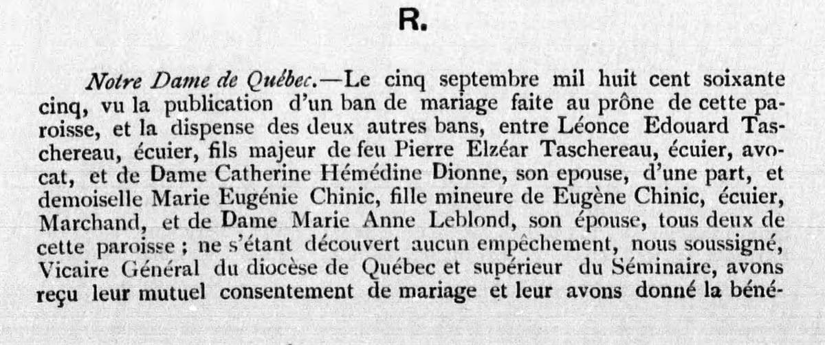 Mariage de Léonce Édouard Taschereau et de Marie Eugénie Chinic, 5 septembre 1865