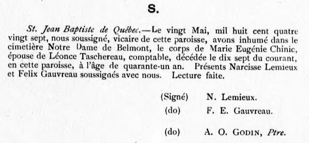 Sépulture de Marie Eugénie Chinic, 20 mai 1887