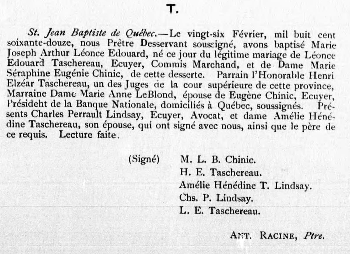 Baptême de Marie Joseph Arthur Léonce Edouard Taschereau, 26 février 1872