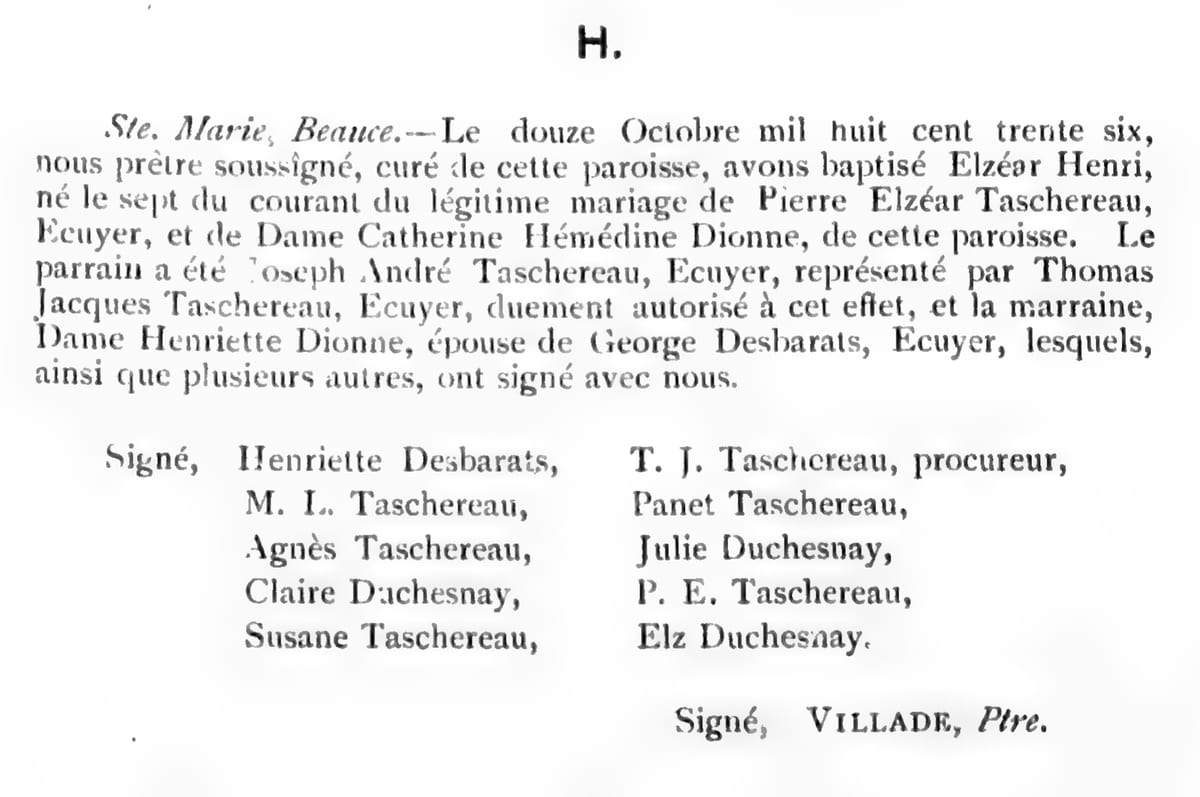 Baptême d'Elzéar Henri Taschereau, 12 octobre 1836