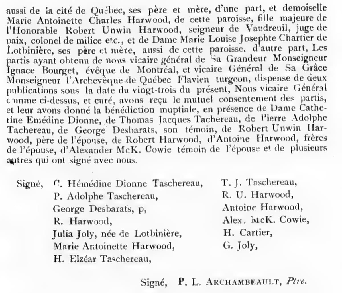 Mariage d'Henry Elzéar Taschereau et de Marie Antoinette Charles Harwood, 27 mai 1857