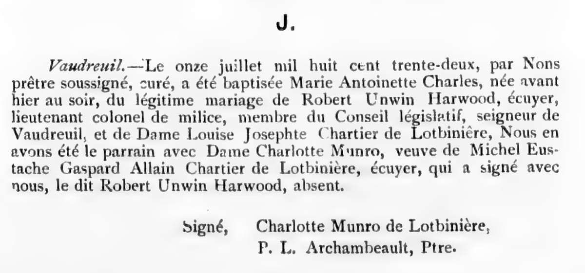 Baptême de Marie Antoinette Charles Harwood, 11 juillet 1832