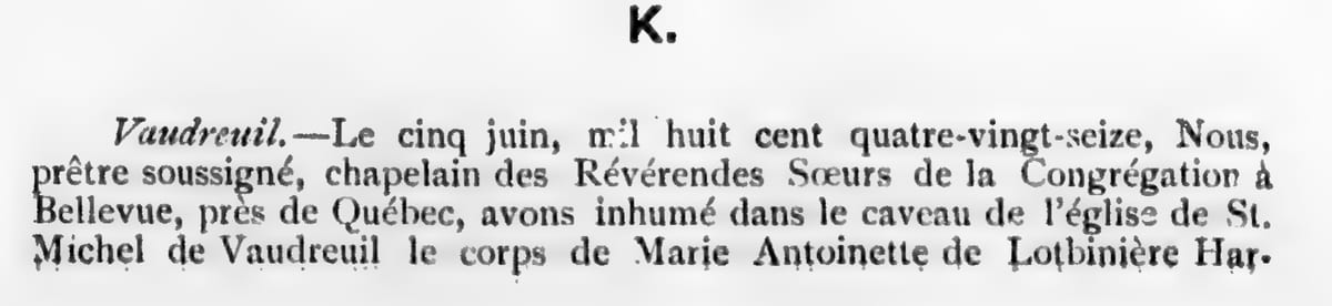 Sépulture de Marie Antoinette de Lotbinière Harwood, 5 juin 1896