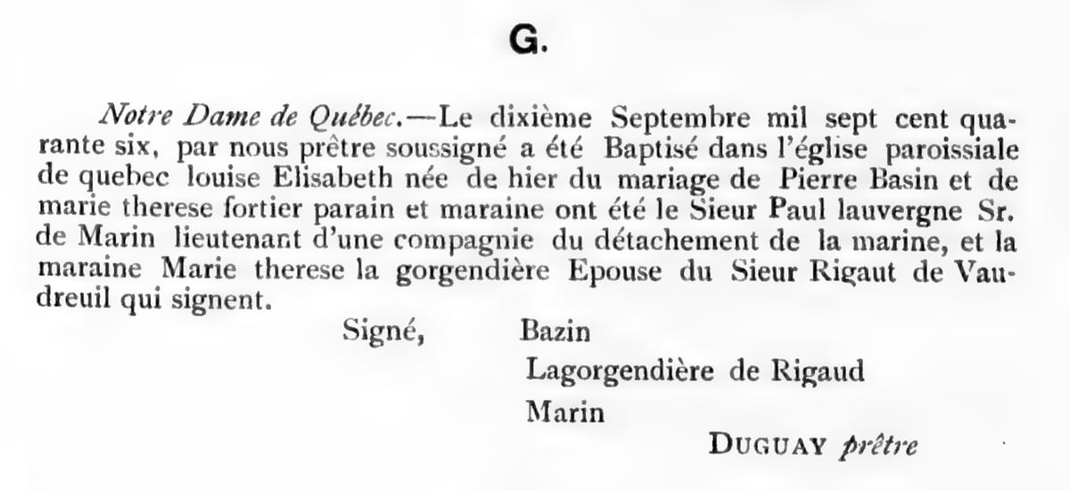 Baptême de Louise Elisabeth Bazin, 10 septembre 1746