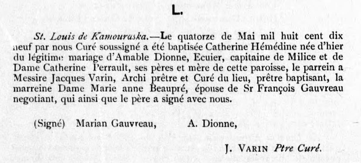 Baptême de Catherine Hémédine Dionne, 14 mai 1819