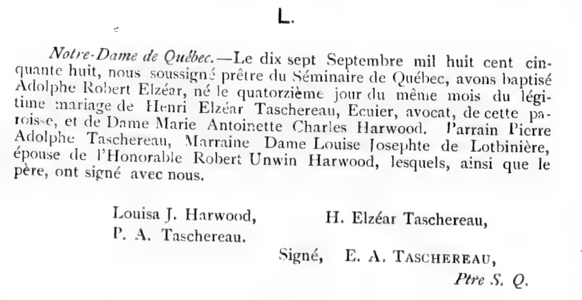 Baptême d'Adolphe Robert Elzéar Taschereau, 17 septembre 1858