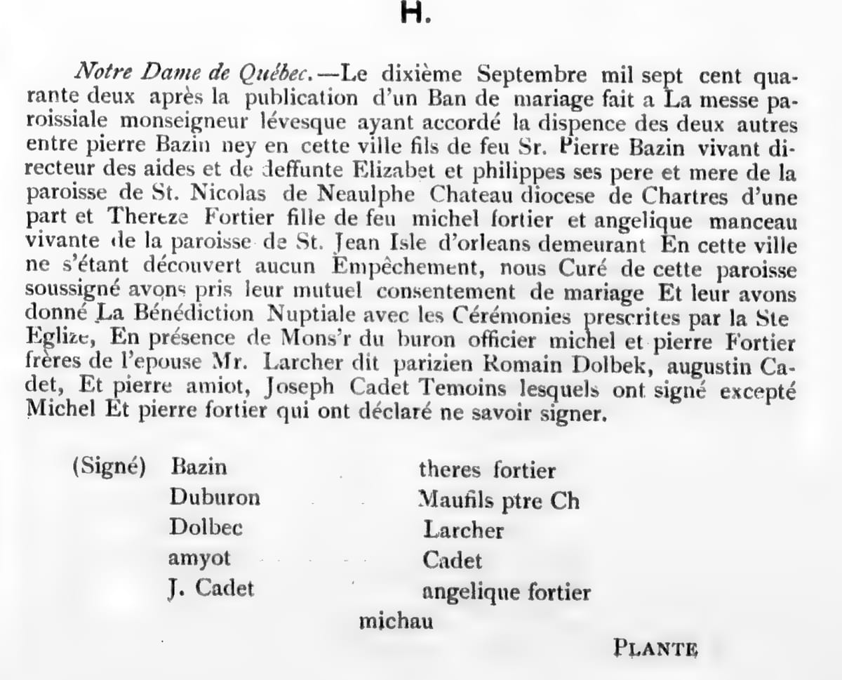 Mariage de Pierre Bazin et de Thérèse Fortier, 10 septembre 1742