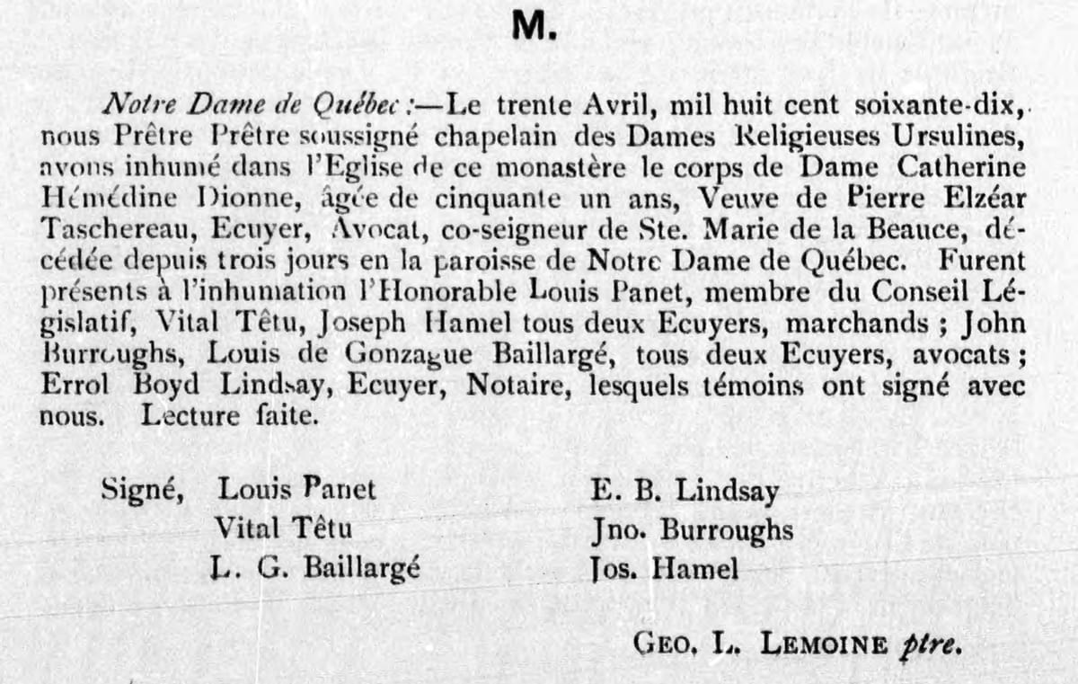 Sépulture de Catherine Hémédine Dionne, 30 avril 1870