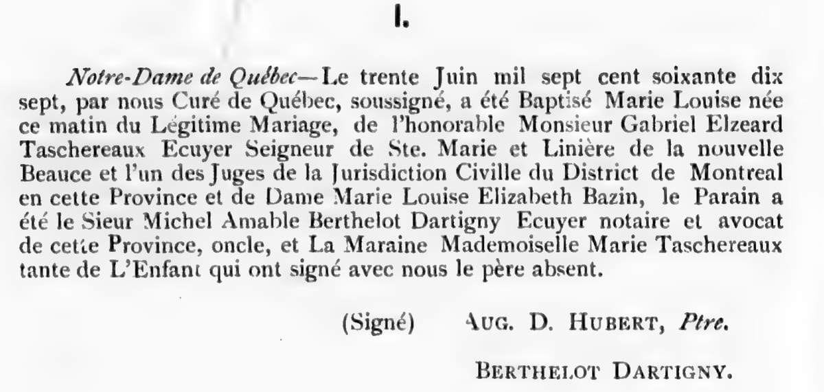 Baptême de Marie Louise Taschereau, 30 juin 1777