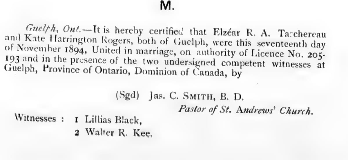 Mariage d'Elzéar R. A. Taschereau et de Kate Harrington Rogers, 17 novembre 1894