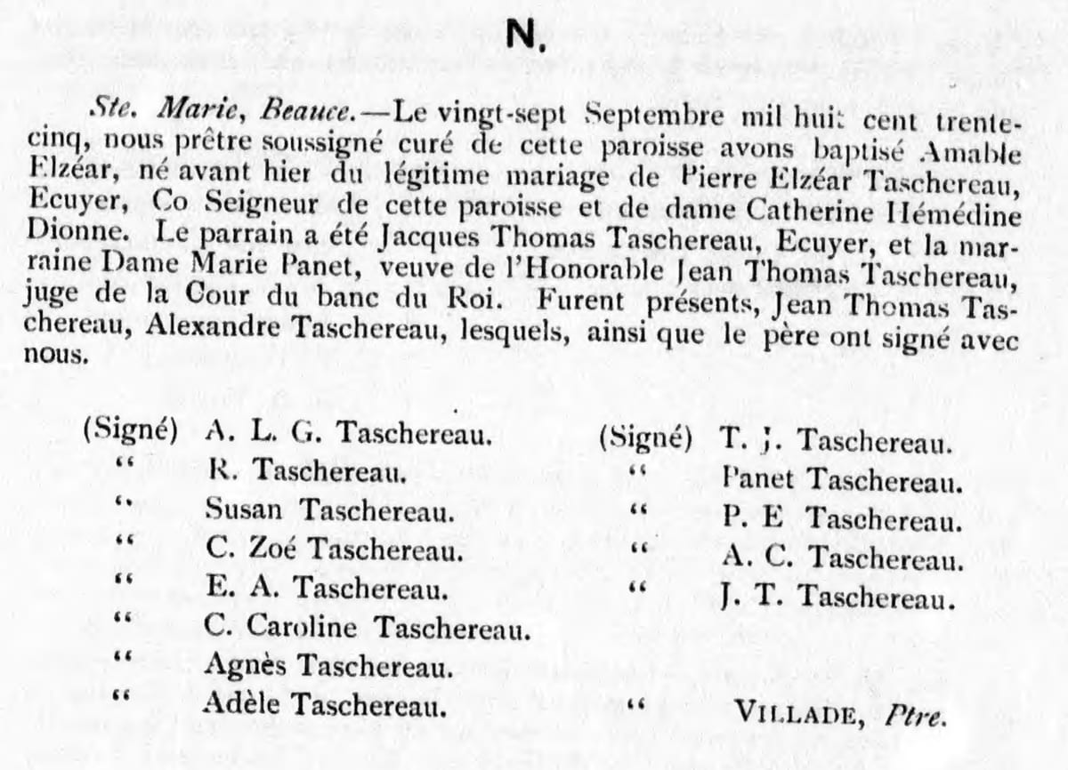 Baptême d'Amable Elzéar Taschereau, 27 septembre 1835