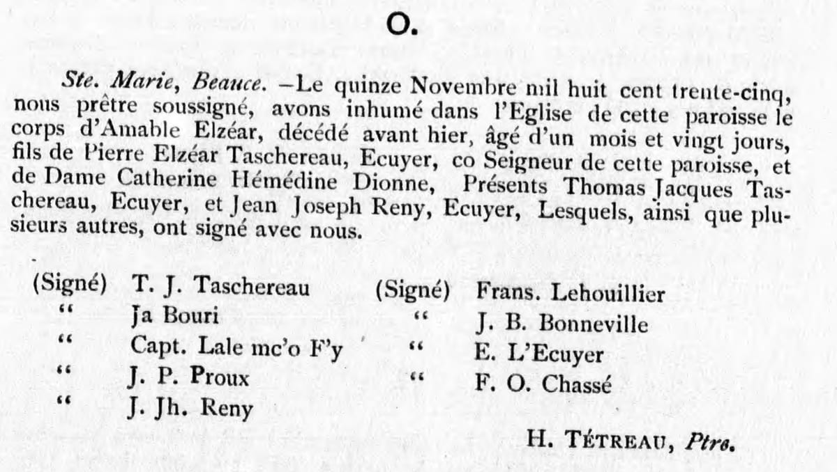 Sépulture d'Amable Elzéar Taschereau, 15 novembre 1835