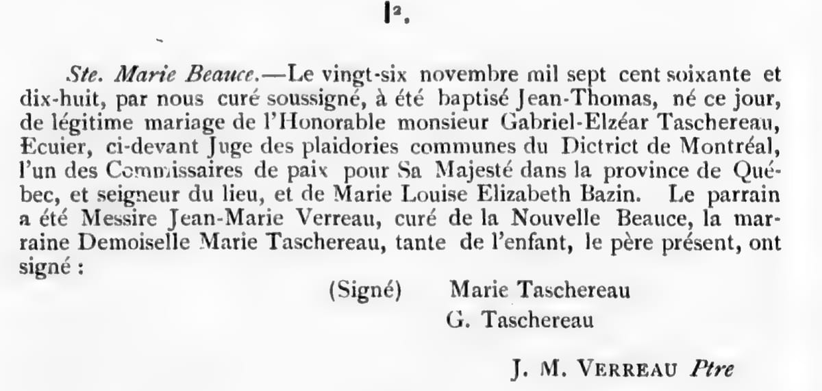 Baptême de Jean-Thomas Taschereau, 26 novembre 1778