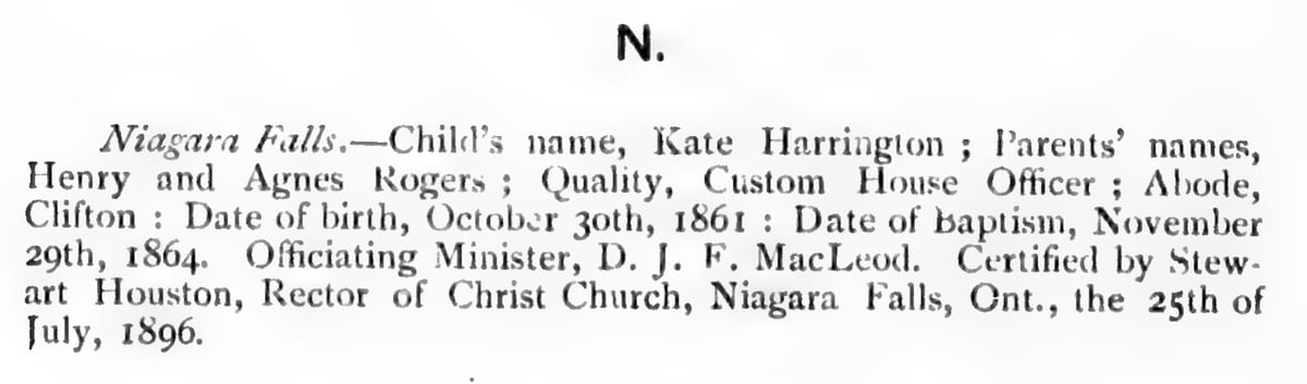 Certificat de naissance et de baptême de Kate Harrington, 25 juillet 1896
