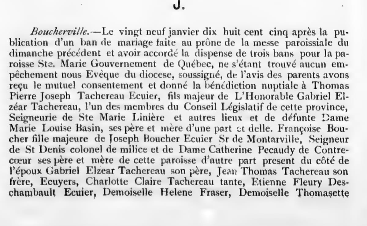 Mariage de Thomas Pierre Joseph Taschereau et de Françoise Boucher, 29 janvier 1805