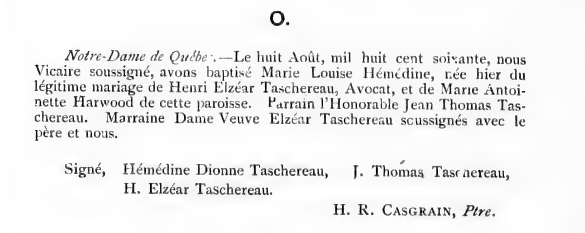Baptême de Marie Louise Hémédine Taschereau, 8 août 1860