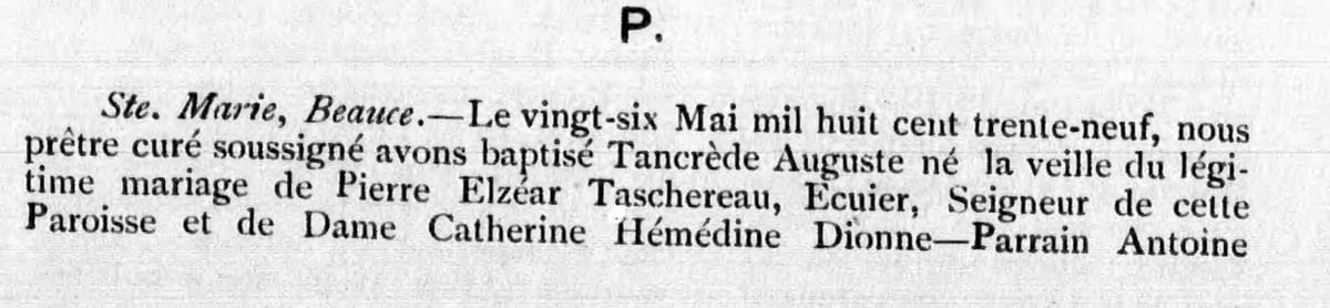 Baptême de Tancrède Auguste Taschereau, 26 mai 1839