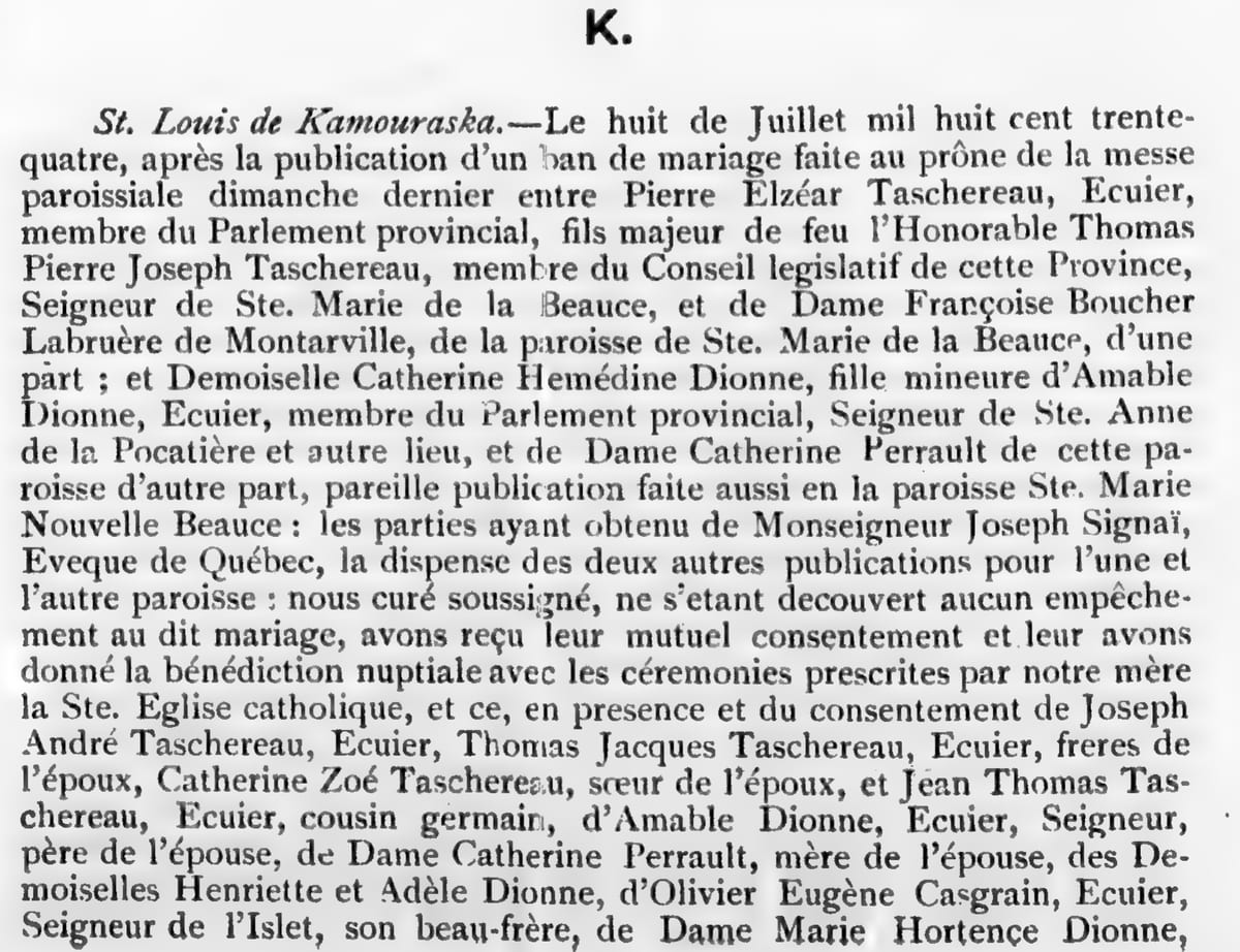 Mariage de Pierre Elzéar Taschereau et de Catherine Hémédine Dionne, 8 juillet 1834