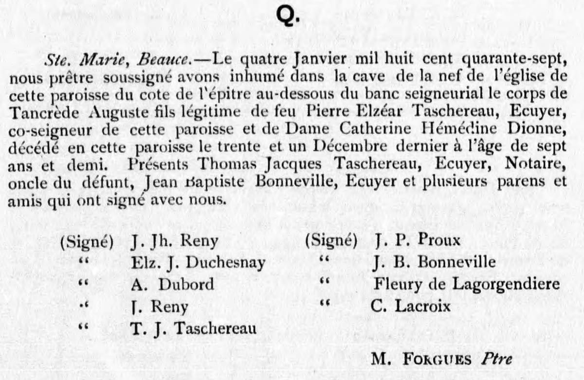 Sépulture de Tancrède Auguste Taschereau, 4 janvier 1847
