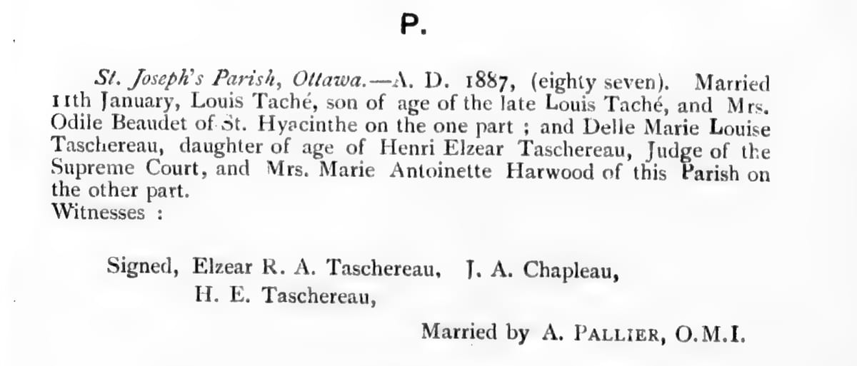 Mariage de Louis Taché et Marie Louise Taschereau, 11 janvier 1887