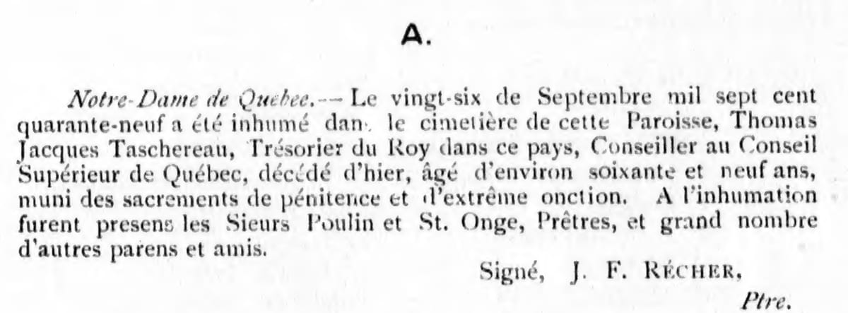 Sépulture de Thomas-Jacques Taschereau, 26 septembre 1749