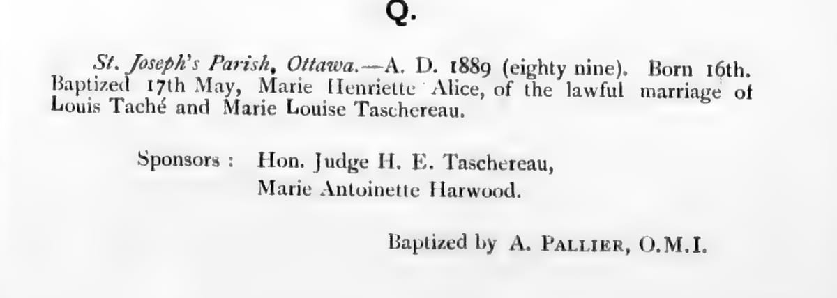 Baptême de Marie Henriette Alice Taché, 17 mai 1889
