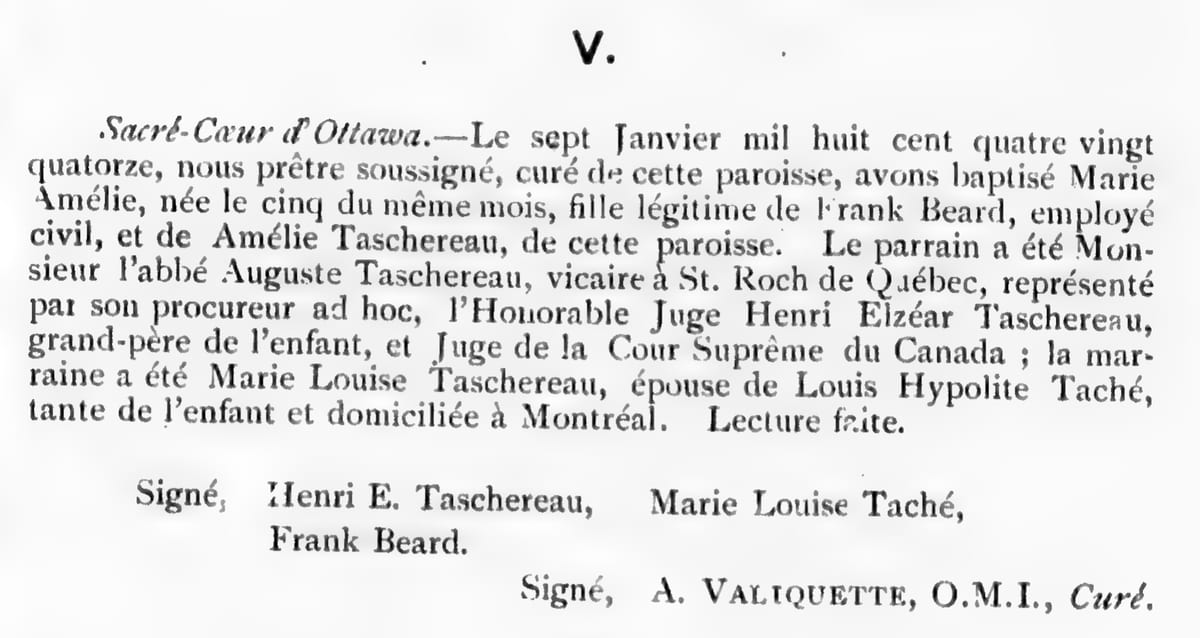 Baptême de Marie-Amélie Beard, 7 janvier 1894