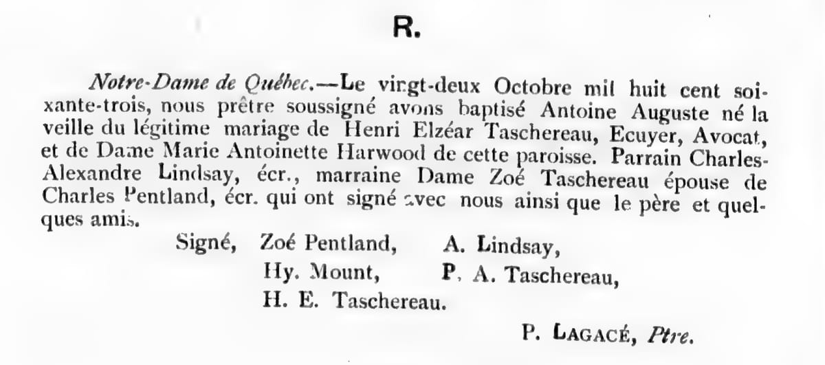 Baptême d'Antoine Auguste Taschereau, 22 octobre 1863