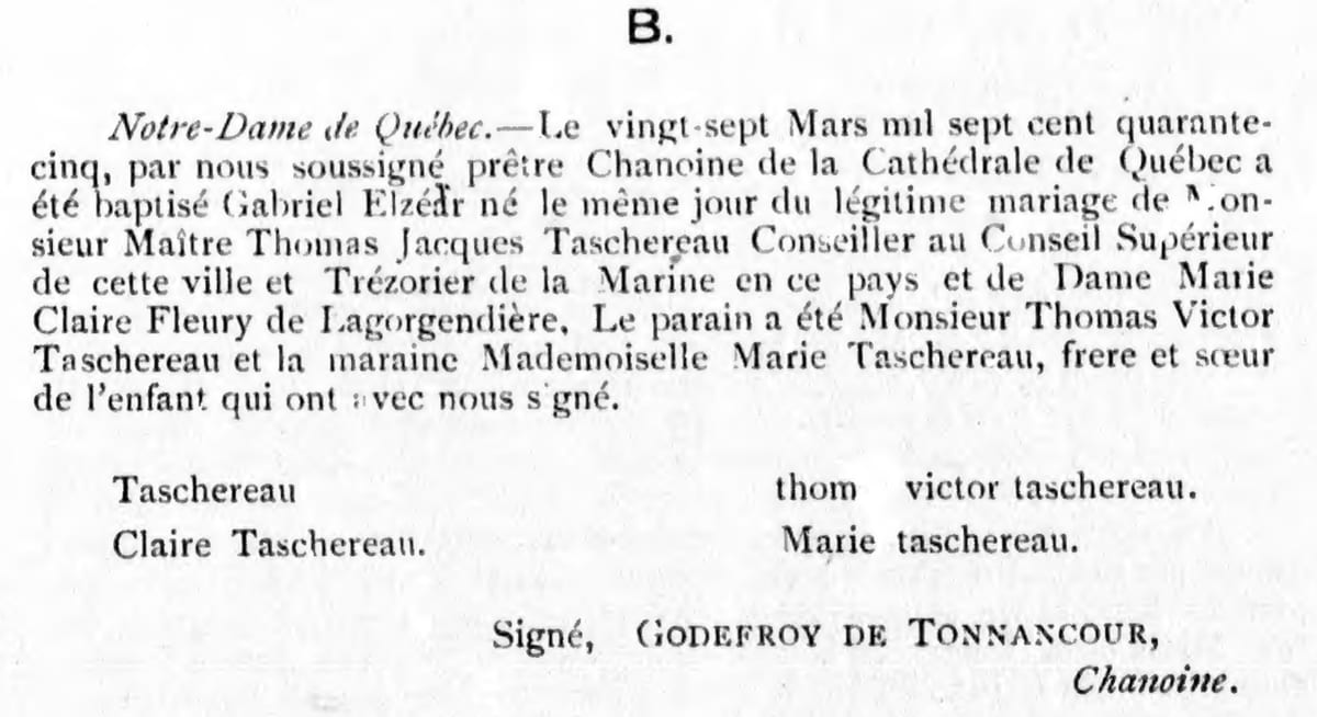 Baptême de Gabriel-Elzéar Taschereau, 27 mars 1745