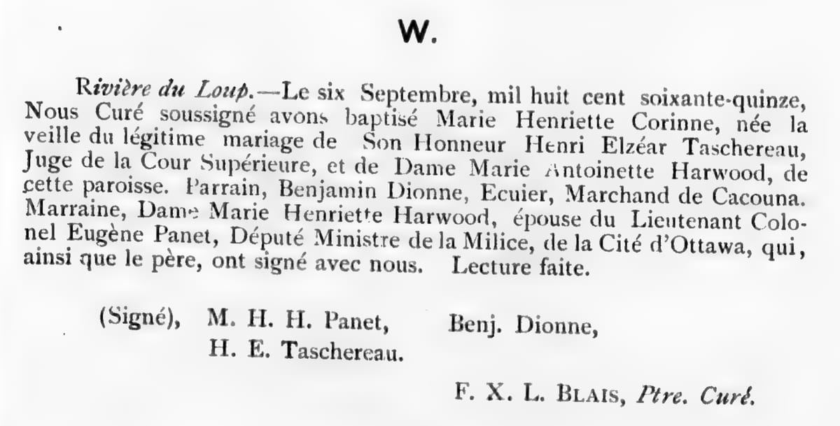 Baptême de Marie-Henriette-Corinne Taschereau, 6 septembre 1875