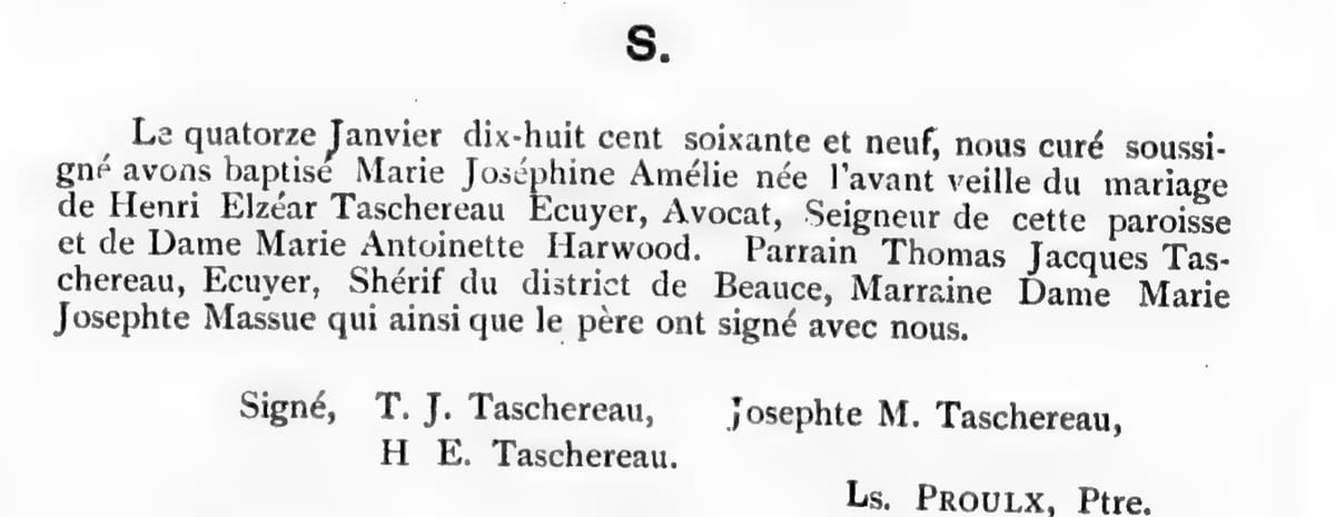Baptême de Marie Joséphine Amélie Taschereau, 14 janvier 1869