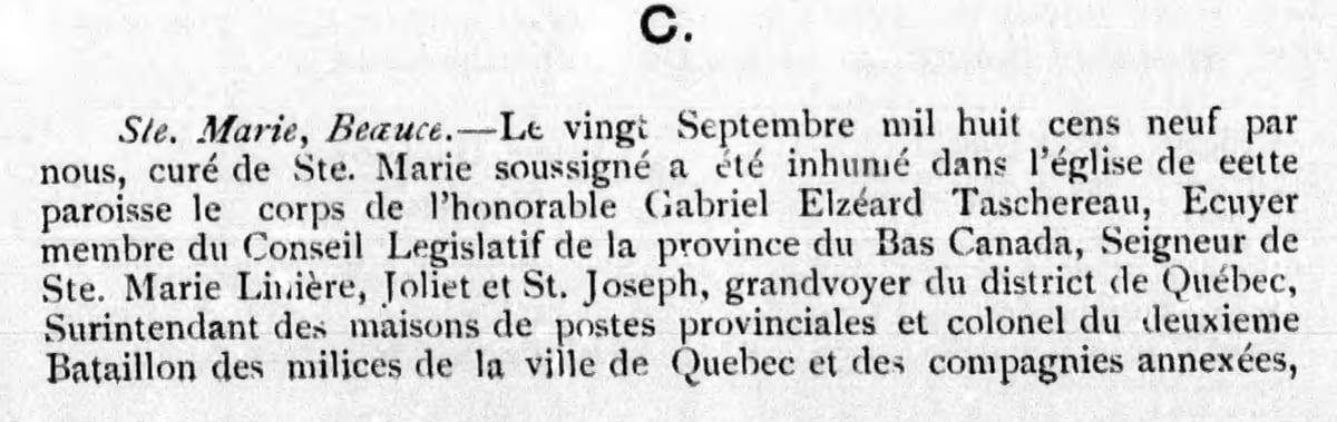Sépulture de Gabriel-Elzéar Taschereau, 20 septembre 1809