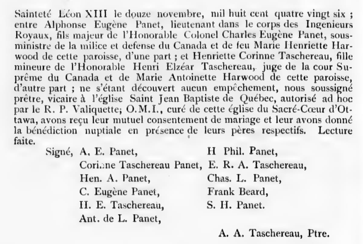 Mariage d'Alphonse-Eugène Panet et d'Henriette-Corinne Taschereau, 11 novembre 1895