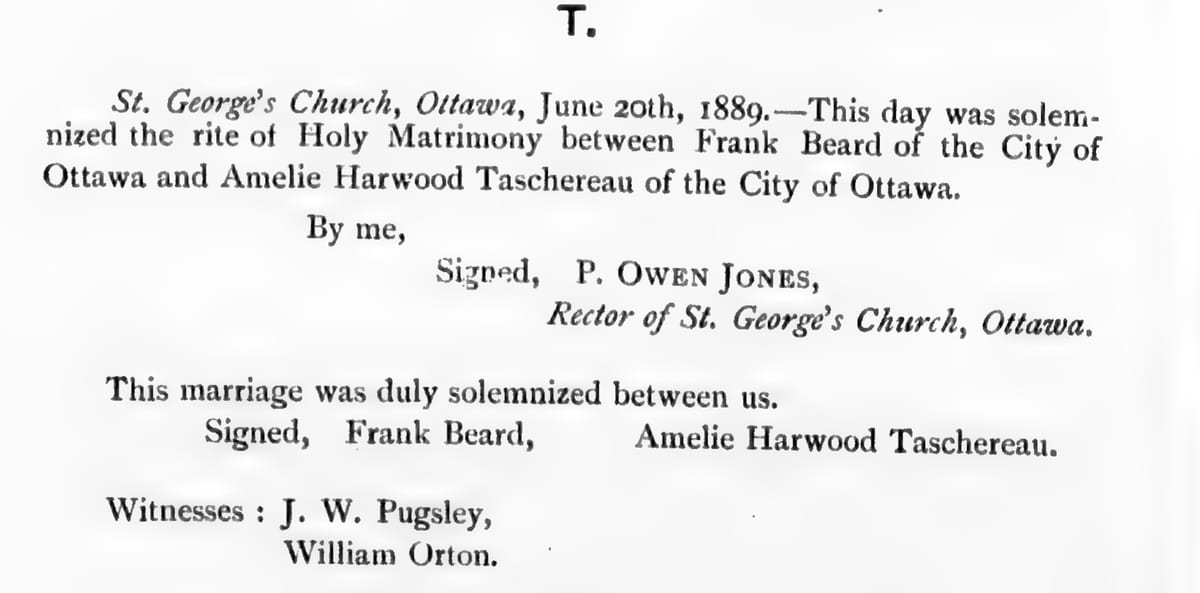 Mariage de Frank Beard et Amelie Harwood Taschereau, 20 juin 1889