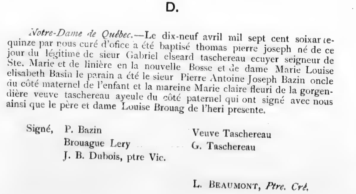 Baptême de Thomas-Pierre-Joseph Taschereau, 19 avril 1775