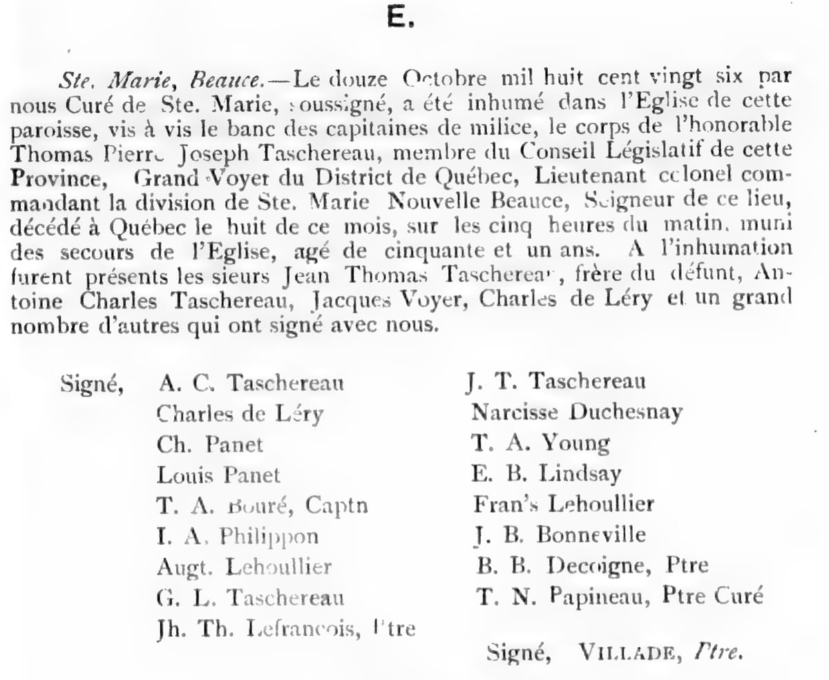 Sépulture de Thomas-Pierre-Joseph Taschereau, 12 octobre 1826