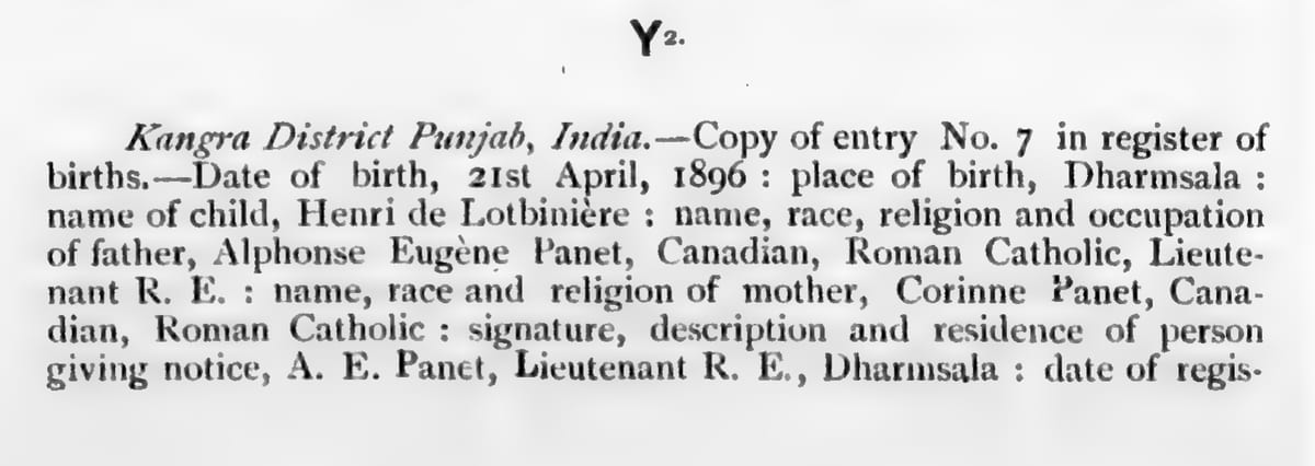 Naissance d'Henri de Lotbinière Panet, 21 avril 1896
