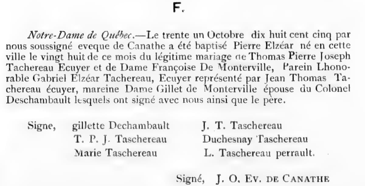 Baptême de Pierre-Elzéar Taschereau, 31 octobre 1805
