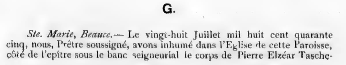 Sépulture de Pierre-Elzéar Taschereau, 28 juillet 1845