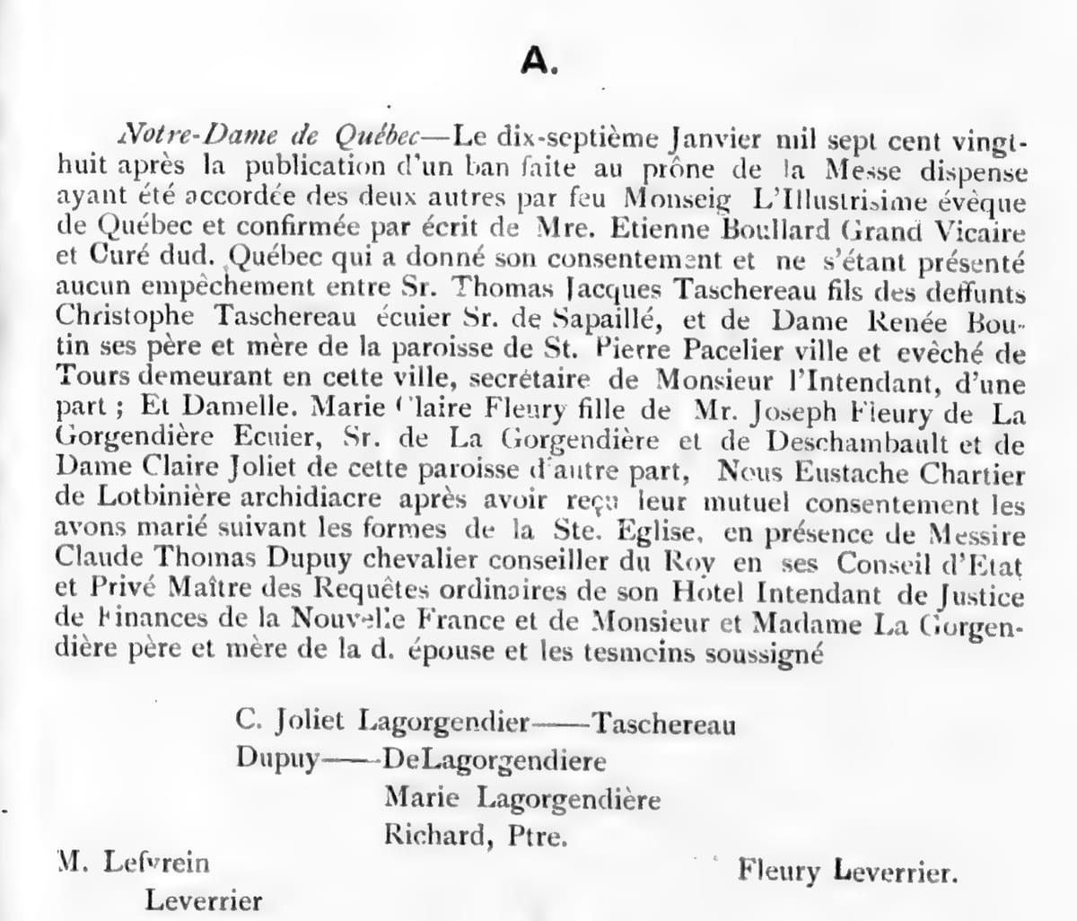 Mariage de Thomas-Jacques Taschereau et Marie-Claire Fleury de la Gorgendière, 17 janvier 1728