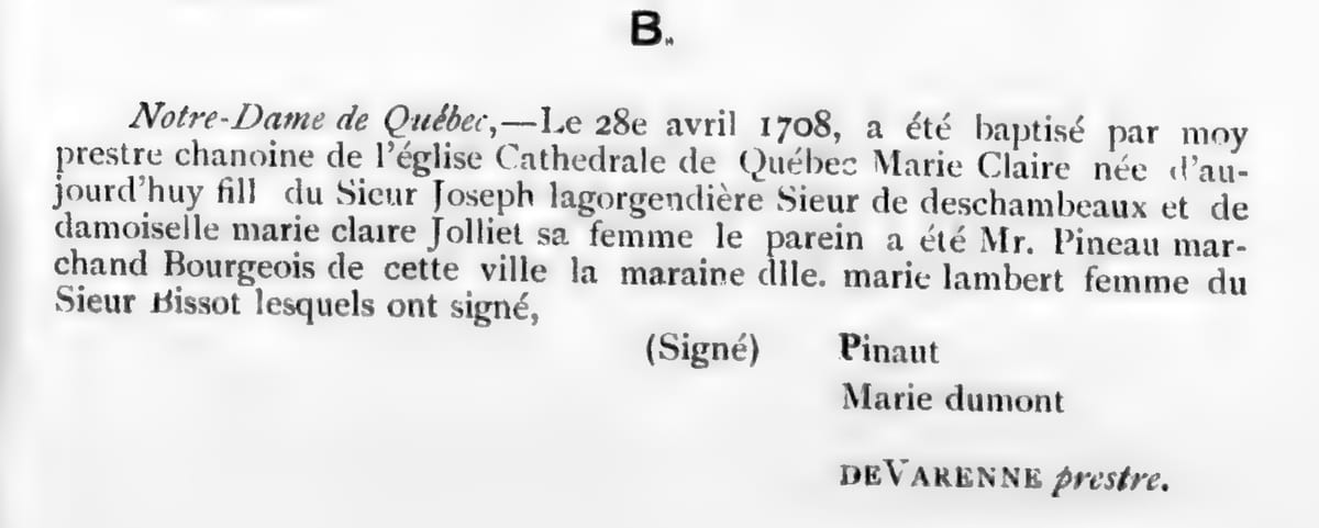 Baptême de Marie-Claire Fleury de la Gorgendière, 28 avril 1708