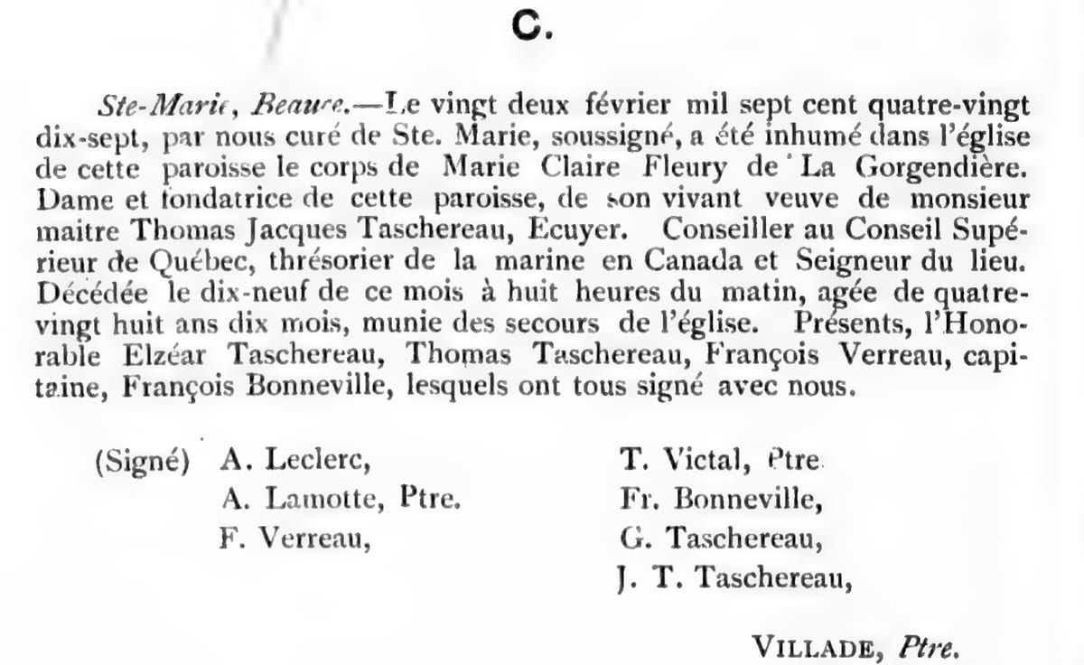 Sépulture de Marie-Claire Fleury de la Gorgendière, 22 février 1797