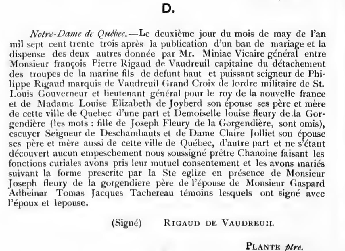Mariage de François-Pierre Rigaud de Vaudreuil et Louise Fleury de la Gorgendière, 2 mai 1733