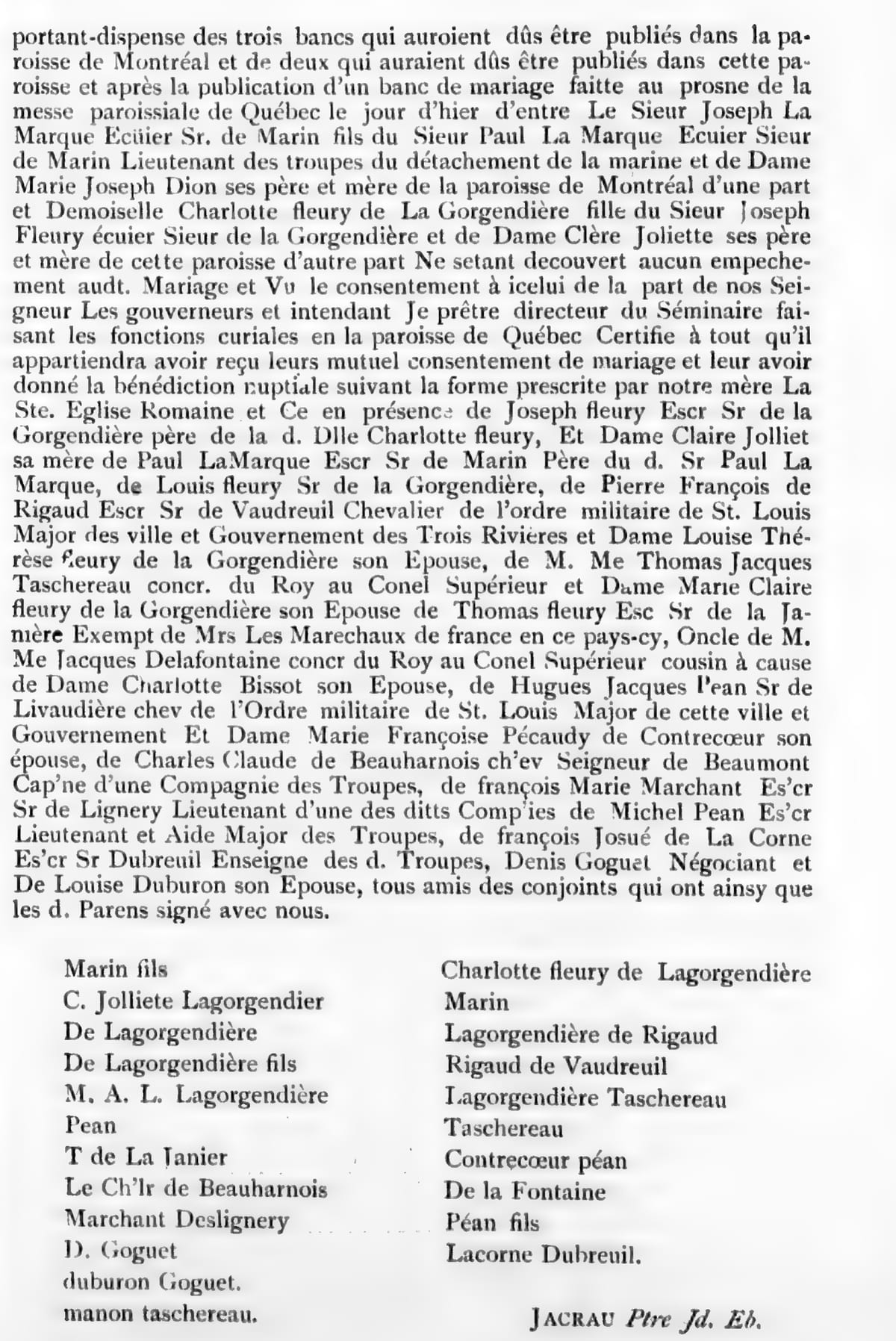 Mariage de Joseph La Marque et Charlotte Fleury de la Gorgendière, 20 septembre 1745