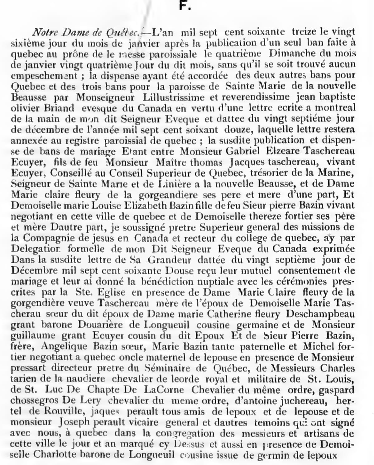 Mariage de Gabriel-Elzéar Taschereau et Louise-Élizabeth Bazin, 26 janvier 1773