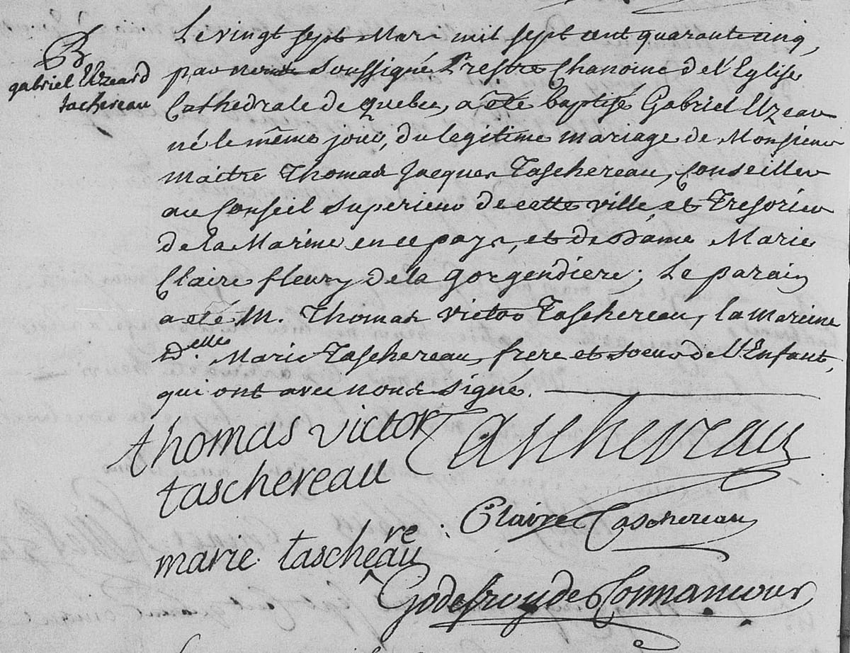 Baptême de Gabriel-Elzéar Taschereau, 27 mars 1745