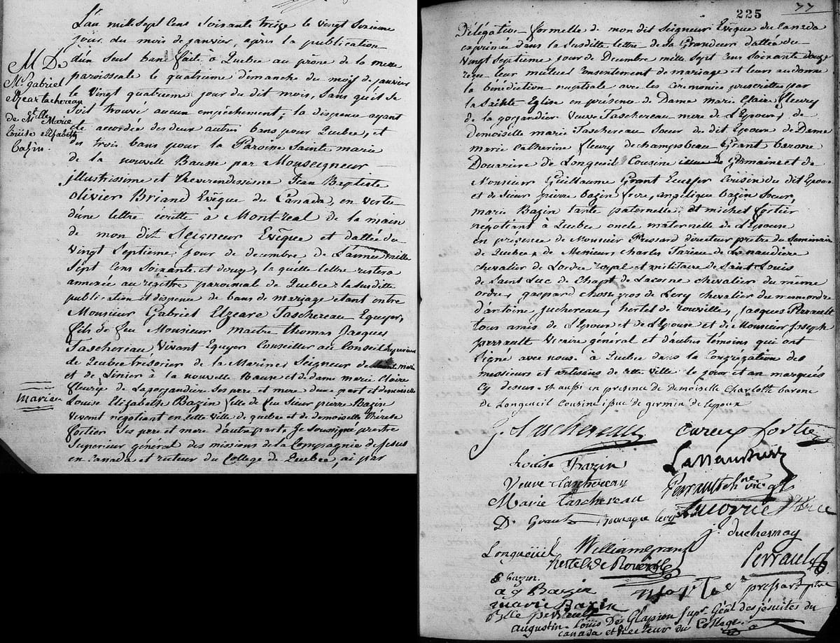 Mariage de Gabriel-Elzéar Taschereau et Louise-Élizabeth Bazin, 26 janvier 1773