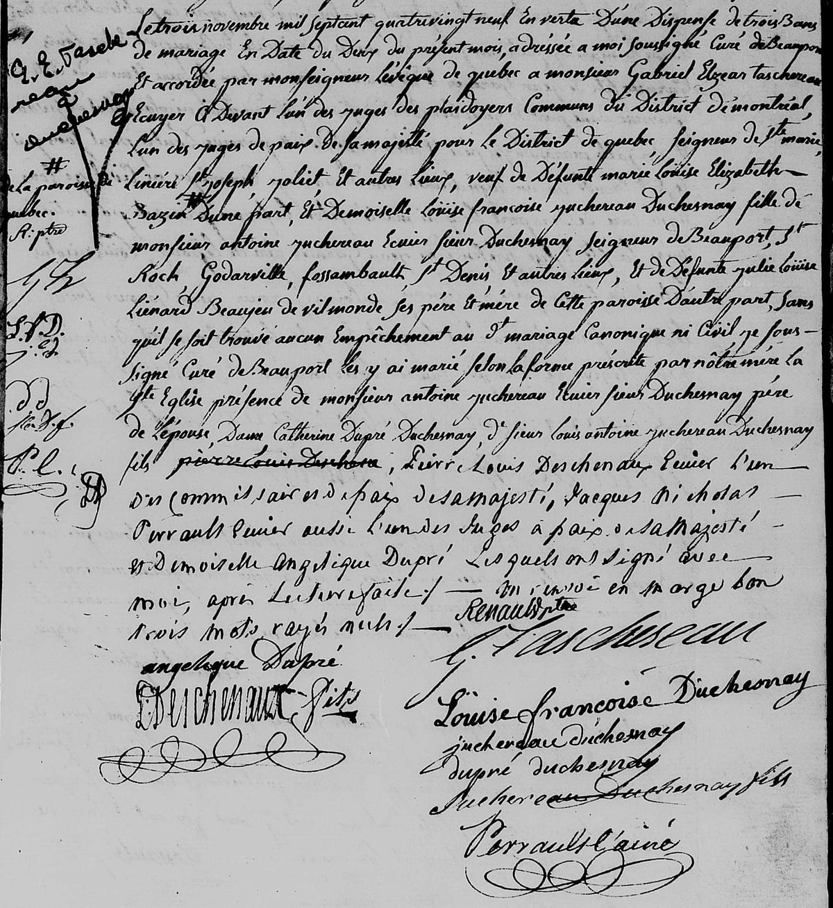 Mariage de Gabriel-Elzéar Taschereau et Louise-Françoise Juchereau-Duchesnay, 3 novembre 1789