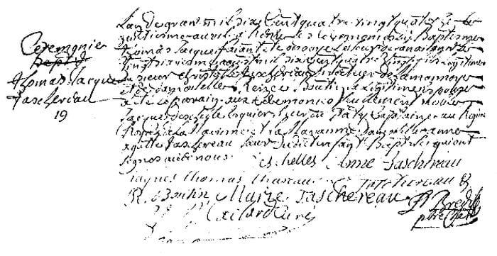 Acte des cérémonies du baptême de Thomas-Jacques Taschereau, Tours, paroisse Saint-Pierre-le-Puellier, 8 avril 1694